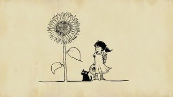 girl with a cat by a large sunflower drawing