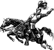 black and white drawing of a knight on a horse