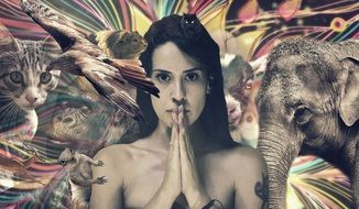 photoshop photo of a girl praying among animals