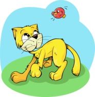 cartoon funny red cat and little bird as a drawing