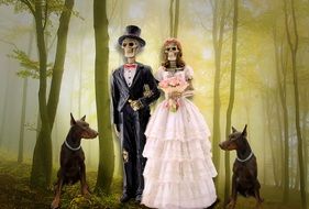 graphic image of skeletons in the clothes of the bride and groom