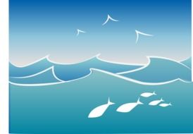 Ocean, Fish under Waves and Birds at sky, drawing