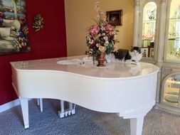 the cat lies on a white piano