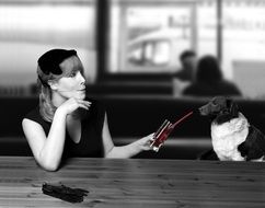 Dog and woman in a cafe