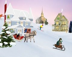 Christmas Scene in Village, drawing