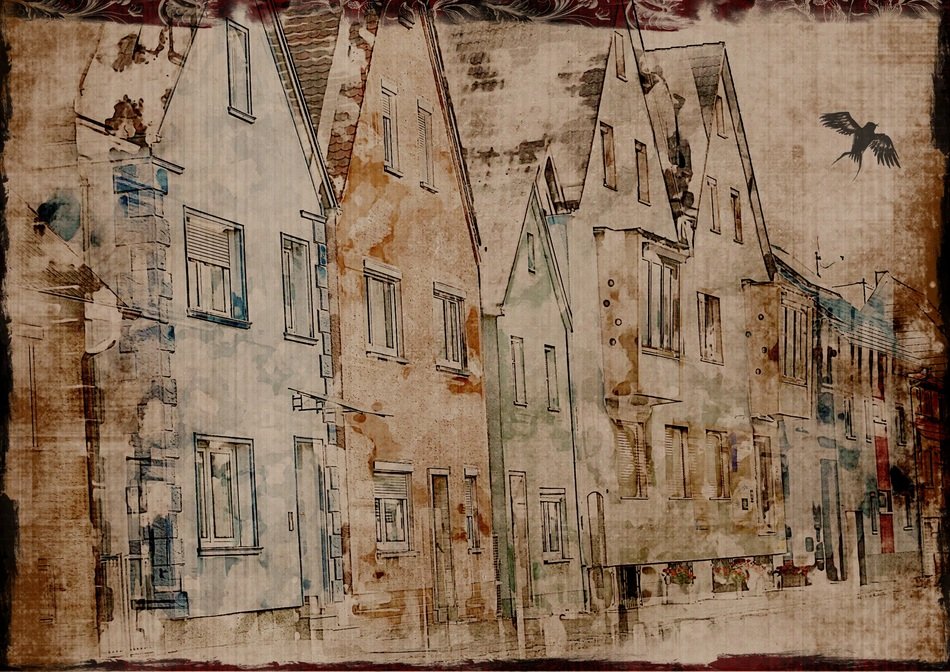 drawing with the image of a bird near the houses