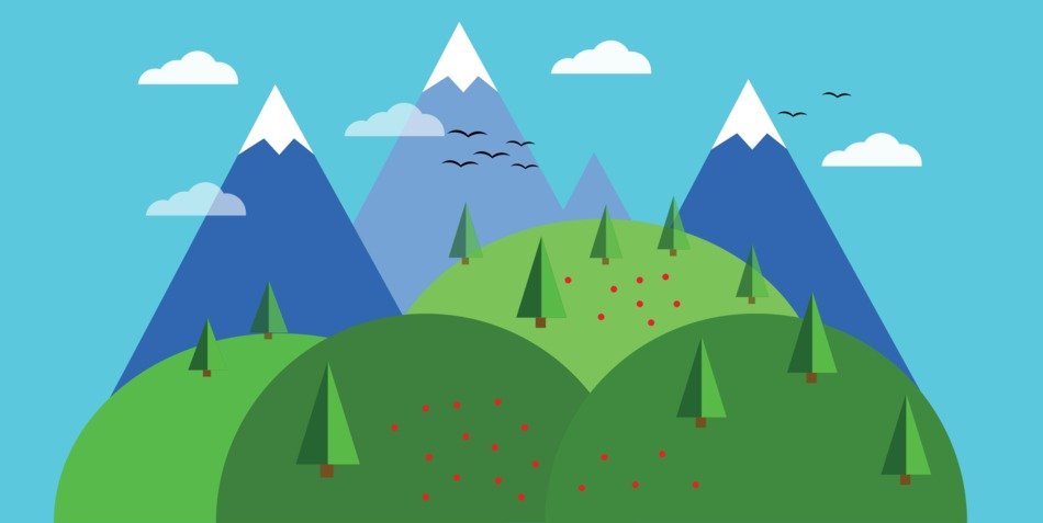 Snowy Mountains and green hills with trees and flowers