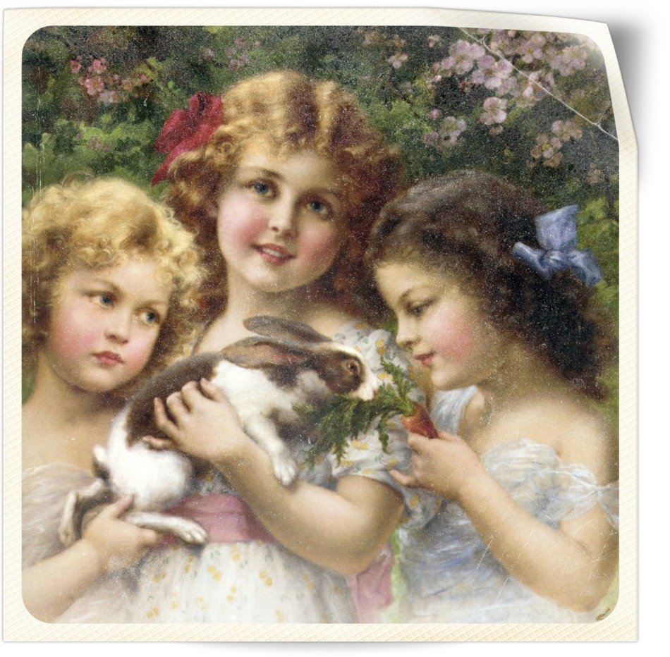 girls with rabbit on vintage postcard
