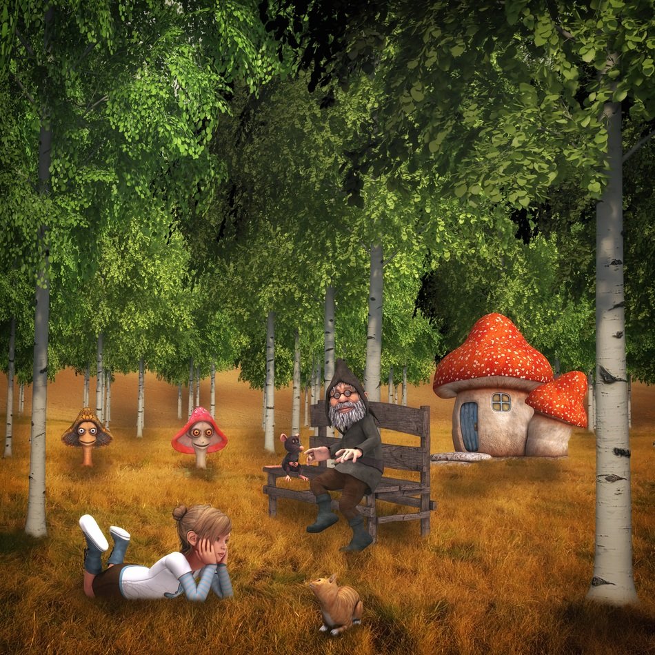 drawn fairy forest with live mushrooms