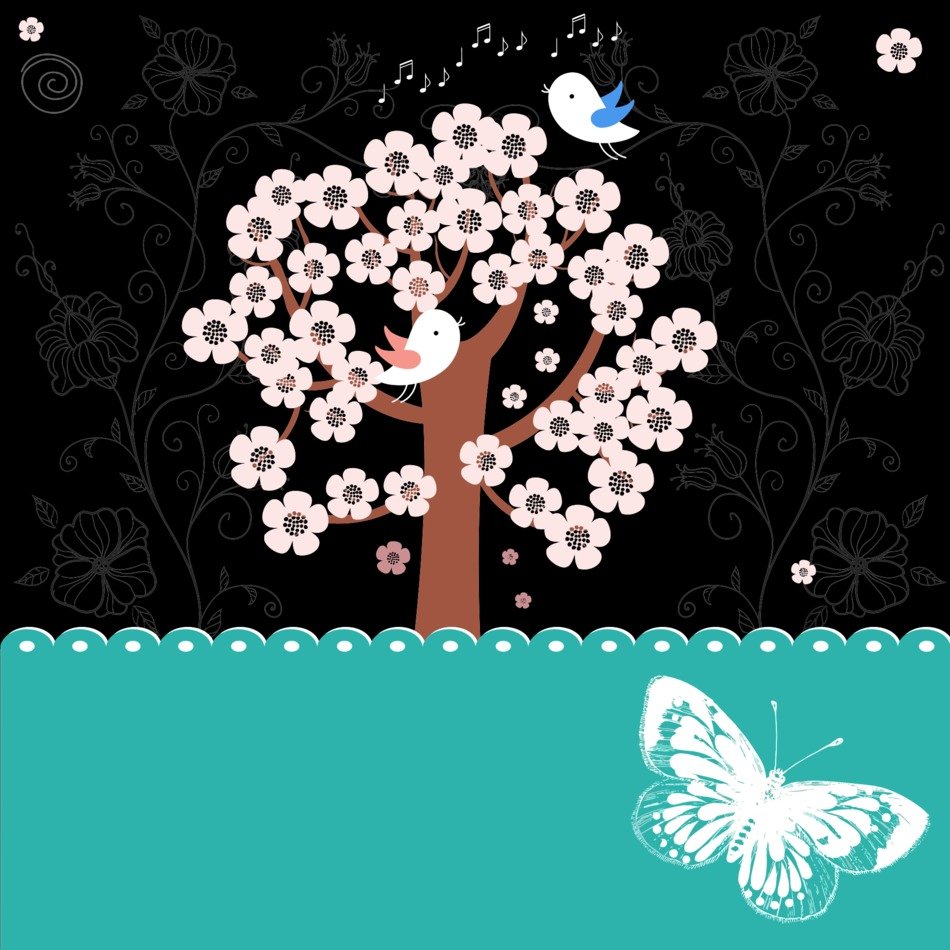 background with tree, butterflies and birds