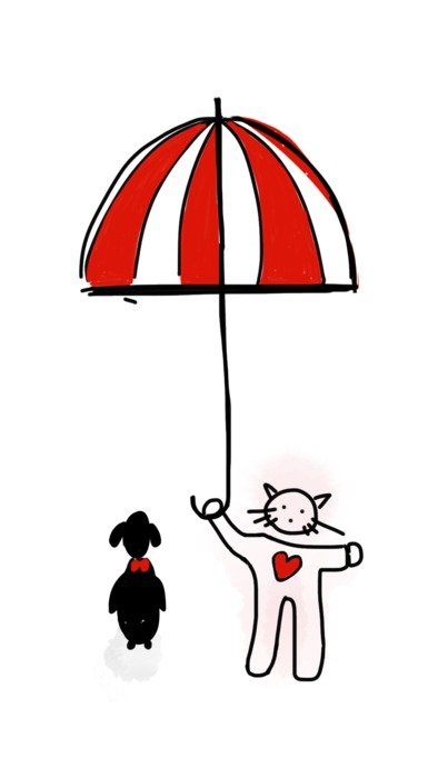 Cat and Dog with Umbrella drawing