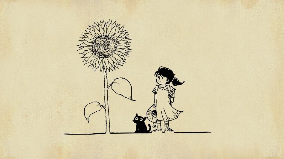 girl with a cat by a large sunflower drawing