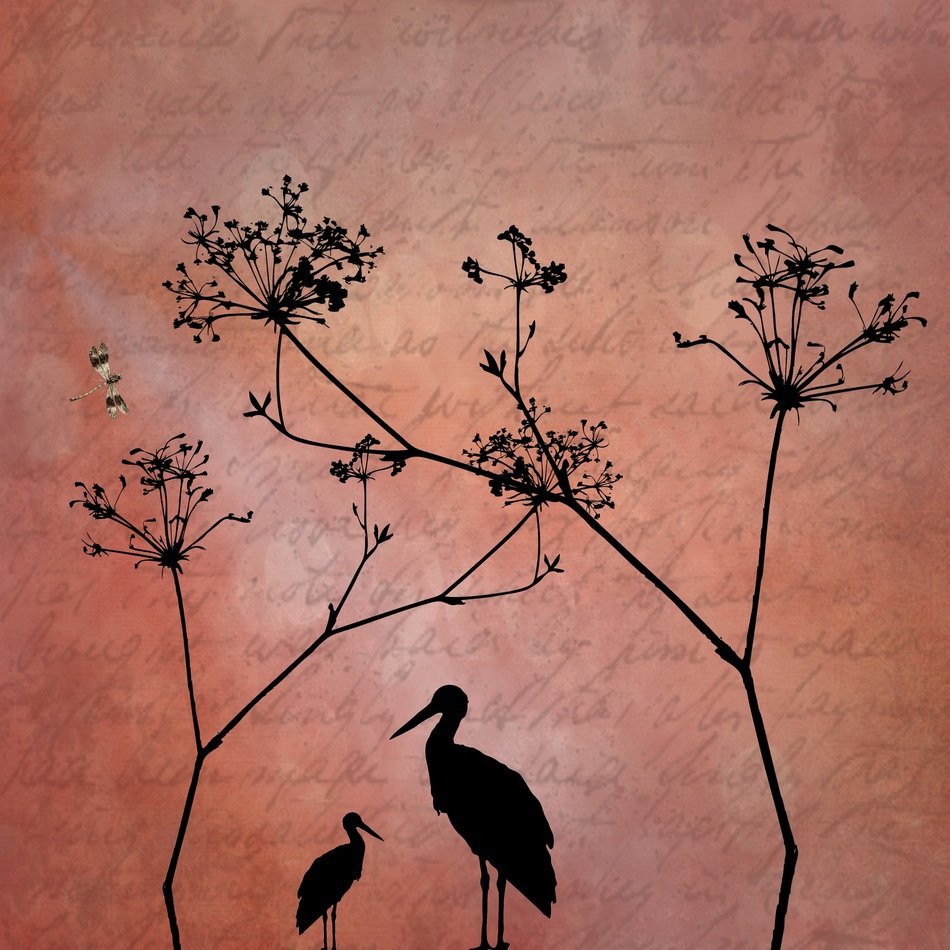 Textured Paper with birds and plants silhouettes, Stationery