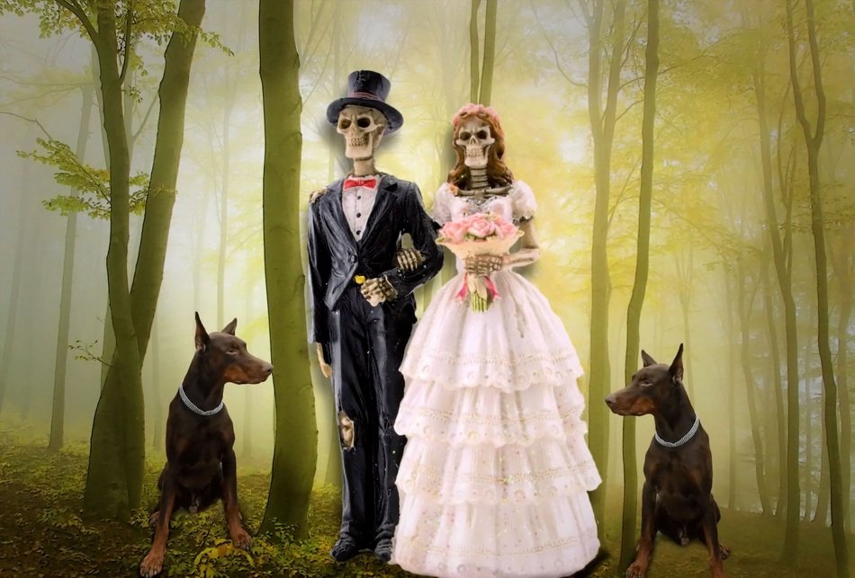 graphic image of skeletons in the clothes of the bride and groom