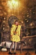 girl in a yellow raincoat in the rain in the room