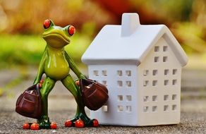 green frog with bags in hands near white house