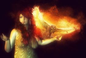 Woman with a fire owl, digital art