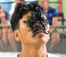 scorpion on the man's face