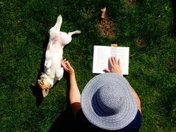 woman reading a book in a clearing next to a dog