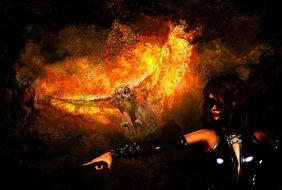 Fire Owl and dark Woman, Fantasy collage
