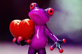 purple plastic frog holding large red Heart, toy portrait