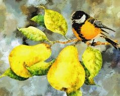 bird drawing on a branch with a pear and green leaves