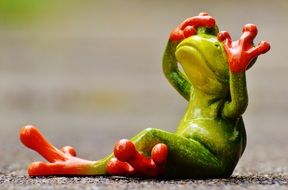 green frog sitting on a footpath looking up