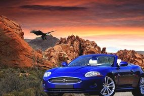 sporty blue car on a background of mountains at sunset as a digital art