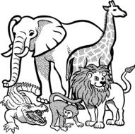 black and white drawing of african animals