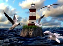 Seagulls above sea at Lighthouse, collage