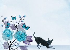 dog and blue flowers greeting card drawing