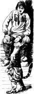 black and white drawing of a cat and a human near the wall