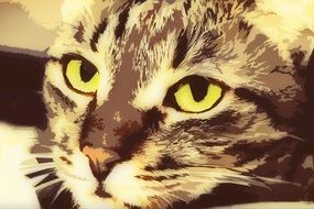 painted head of a tabby cat with yellow eyes