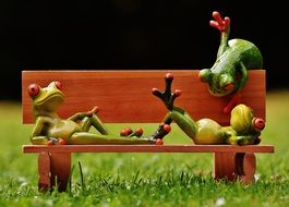 relaxing ceramic frogs statues on the bench