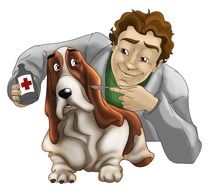 drawing of a veterinarian near a dog