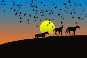 graphic image of dark silhouettes of birds and horses at sunset