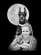 Black and white image of Moon and Doberman and girl