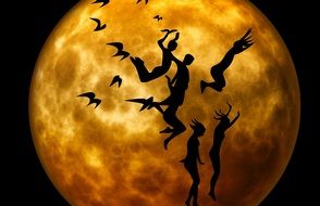silhouette of people and birds on the background of the moon