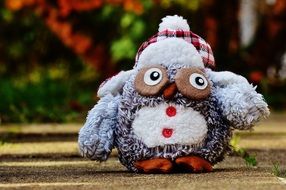 plush owl on asphalt