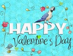 Blue card with a picture of a parrot on Valentine's Day