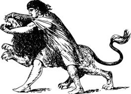 black and white drawing of a man fighting with a lion