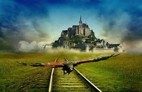 eagle flying above railroad in view of Saint Michel Monastery, collage