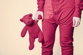 person in red clothing holding Teddy Bear Toy