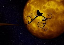 silhouette of the bird on the background of the yellow moon