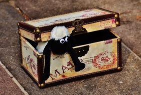 Cute black and white soft toy sheep in vintage box