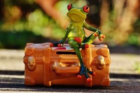 funny frog sitting on the luggage