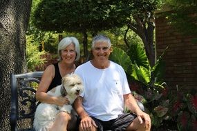 happy married couple with dog on a bench in a park