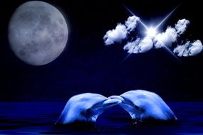 Dolphins kissing at full moon night, collage