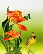 painted blooming tulips and yellow bird