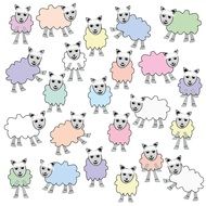 sheep of different colors on a white background